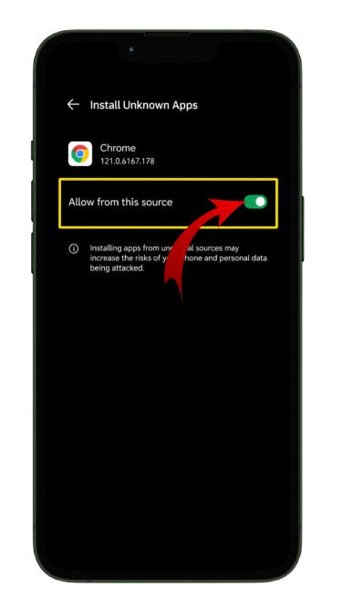 Android setting screen showing "Allow from this source" toggle for Chrome with warning about increased risk of phone and personal data being attacked.

