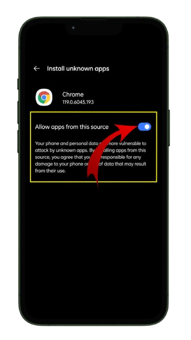 Screenshot of Chrome settings warning that allowing unknown apps may let third parties collect personal data and share with advertisers using cookies and web beacons.

