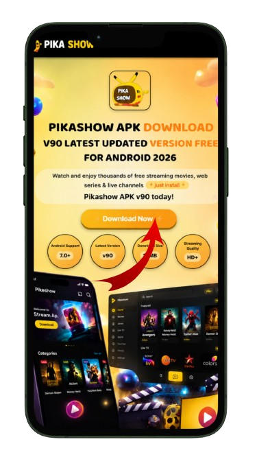 Pikashow promotional graphic with Android 7.0+, v90, HD+ streaming quality, and Download Now button for free movies, web series, and live channels.