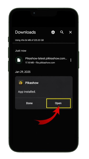 Downloads screen showing Pikashow-latest file of 17.18 MB, indicating app installed with Done and Open buttons.