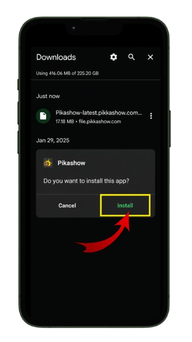 Android package installer screen asking "Do you want to install this app?" for Pikashow with Cancel and Install buttons.

