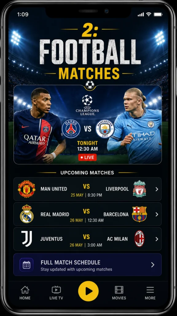 PikaShow live TV – Football matches Champions League with upcoming matches Man United vs Liverpool, Real Madrid vs Barcelona, Juventus vs AC Milan.