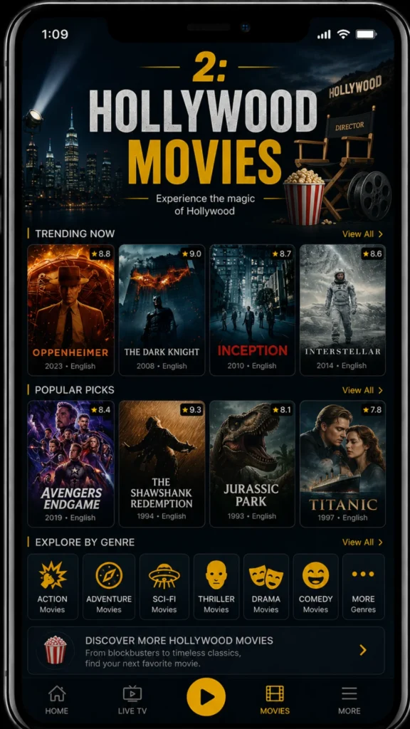 PikaShow app interface – Hollywood movies including Oppenheimer, The Dark Knight, Inception, Interstellar with genre options action adventure sci-fi thriller drama comedy.

