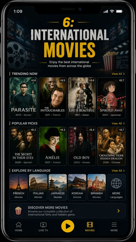 PikaShow app – International movies like Parasite, Intouchables, Spirited Away, Amelie with explore by language French Italian Japanese Korean Spanish.

