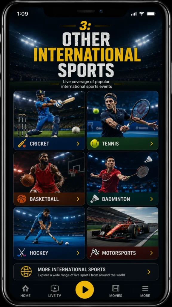 PikaShow APK – Live coverage of international sports cricket tennis basketball badminton hockey motorsports.