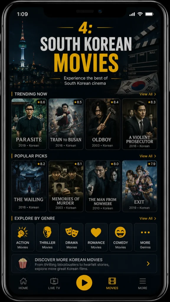 PikaShow download – Korean movies including Parasite, Train to Busan, Oldboy, The Wailing with genre filters action thriller drama romance comedy.