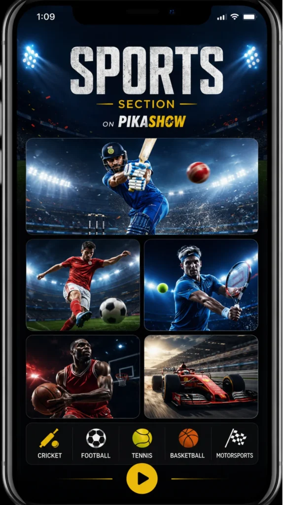 PikaShow APK download – Sports section showing cricket football tennis basketball motorsports on PikaShow.