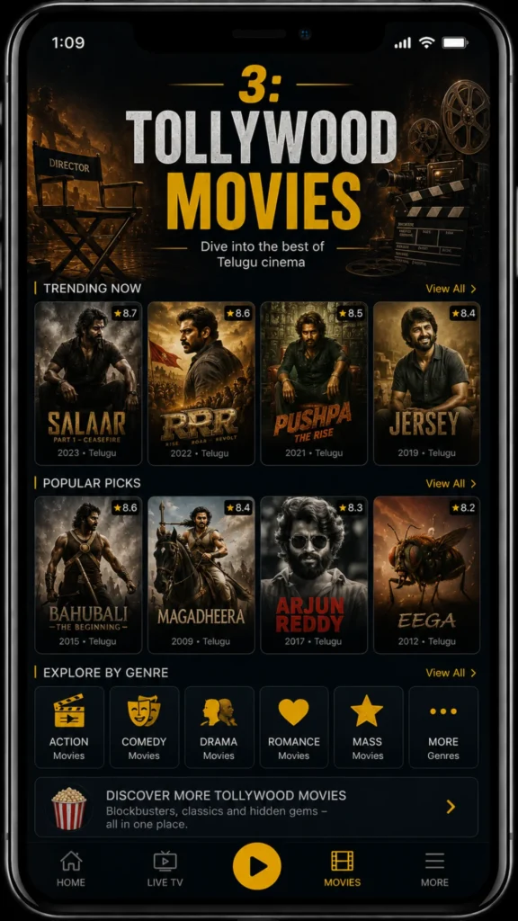 PikaShow APK – Tollywood blockbusters like Salaar, Pushpa The Rise, Jersey, Bahubali with explore by genre action comedy drama romance mass.